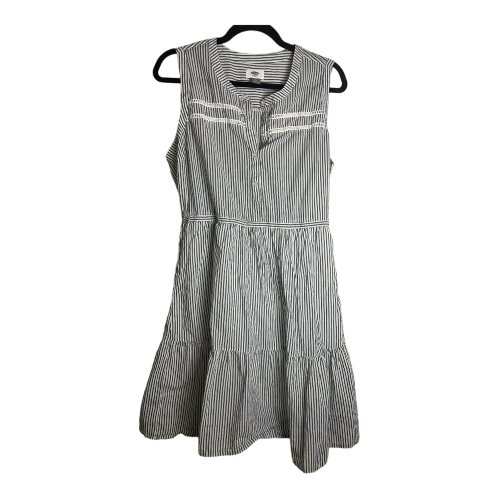 Old Navy Sleeveless Gray Stripe Henley Eyelet Tiered Dress Sz. L